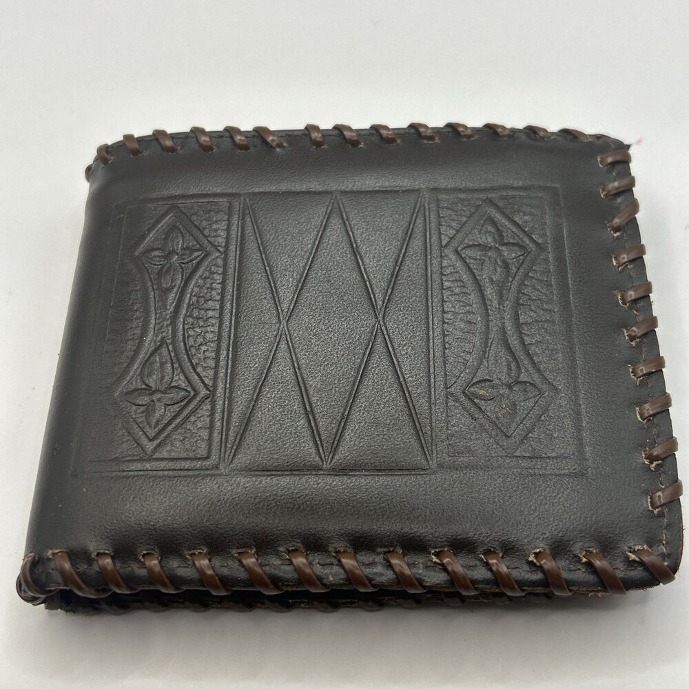 Vintage Genuine Calf Tooled Brown Leather Wallet Billfold Western Design